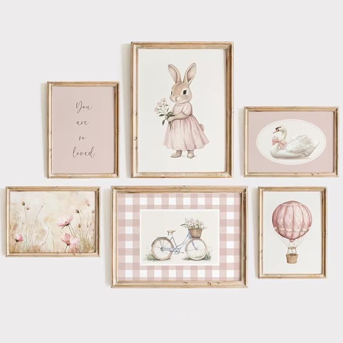 Pink Nursery Wall Art Decor Baby Girl Room Pictures Vintage Nursery Canvas Wall Decor Bunny Prints Floral Swan Poster Cute Rabbit Painting Artwork for Toddler Girls Bedroom 8x10x6 Inch Unframed