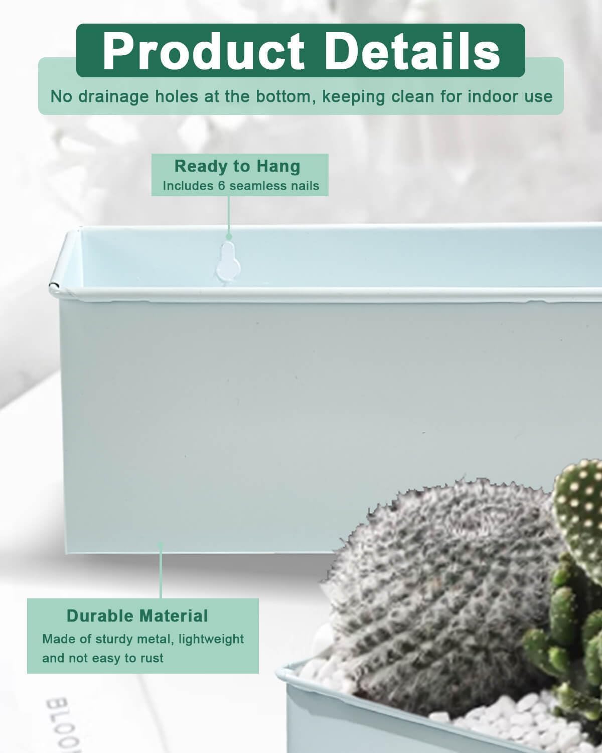 vensovo Metal Wall Hanging Planter Boxes – 12" Rectangle Flower Pots, 3 Pack with Drainage, Durable Galvanized Finish for Indoor Outdoor Balcony Fence Windowsill, White