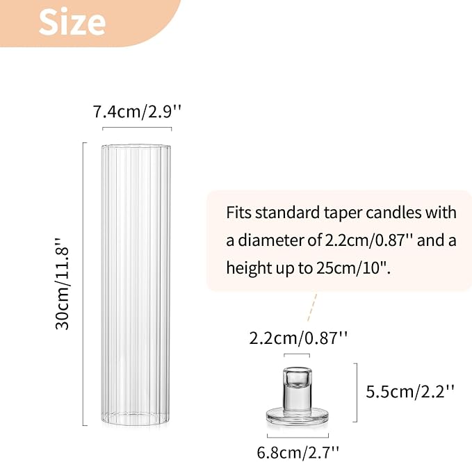NUPTIO Candle Stick Holder for Centerpiece: Ribbed Hurricane Glass Taper Candle Holders - Set of 2 Fluted Candlestick Holder with Tall Cylinder Cover for Fall Thanksgiving Christmas Dining Table Decor