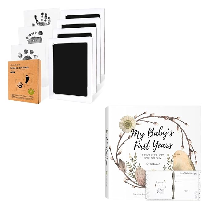 KeaBabies Inkless Hand and Footprint Kit and First 5 Years Baby Memory Book Journal - Ink Pad for Baby Hand and Footprints, 90 Pages Hardcover First Year Keepsake Milestone Book