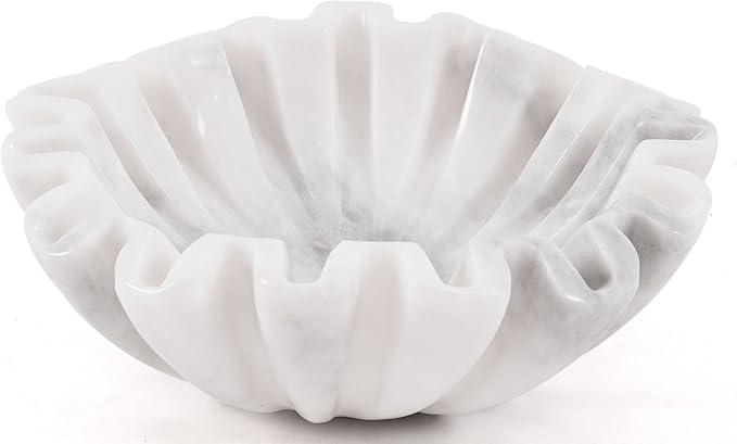 Marble Small Decorative Bowl 6 Inch Handmade White Ruffle Bowl, Scalloped Bowls for Table Centerpieces & Housewarming Gifts, Fluted Ring Dish, Fruit & Key Bowl for Entry Table