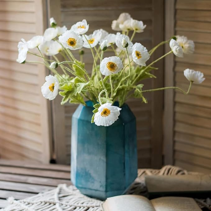DUYONE Artificial Flowers 6 Stems Poppy Silk Bouquet,for Wedding, Home, Party Decoration,Table Centerpiece Arrangement(White)