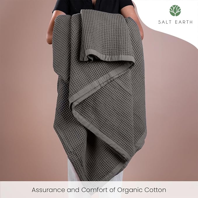 Salt Earth GOTS Certified 100% Organic Cotton Throw Blanket, 90" X 90" Waffle Blankets & Throws for Bed, Throw Blanket for Couch, Modern & Cozy Blanket, All Season,Comfy & Soft Blanket(Charcoal Grey)