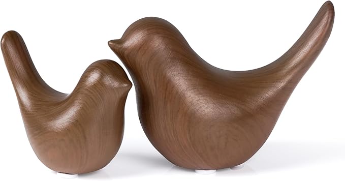 2 Pcs Ceramic Small Bird Figurines Modern Animal Statues for Home 、Room Decor and Bedroom Decor and Bookshelf Display (Dark Wood Grain)