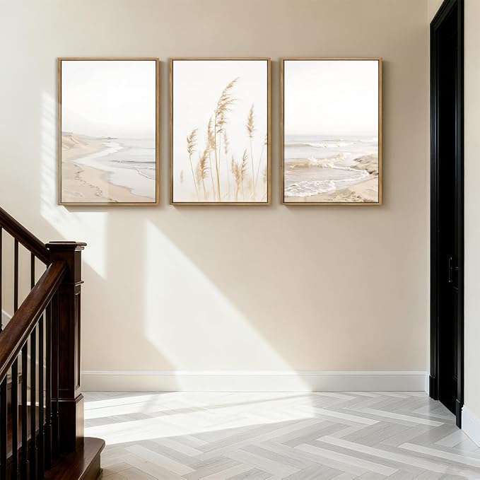 HPNIUB Modern Beach Waves Framed Wall Art Set,Seaside Reed Pathway Wall Decor,Minimalist Neutral Coastal Landscape Printing,Boho Seascape Nature Artwork for Living Room, Bedroom,Bathroom-24''x36''x3
