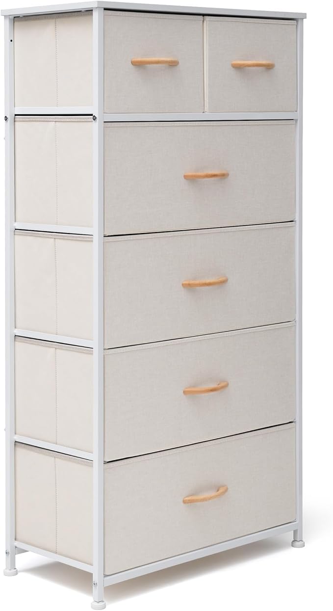 Fabric Dresser for Bedroom, Tall Skinny Dresser with 6 Drawers, Storage Organizer Tower, Steel Frame Wooden Top for Closet, Living Room, Hallway(Beige)