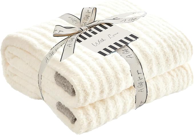 WRENSONGE Soft Throw Blanket for Couch-Cozy Reversible Knitted Blankets | Lightweight Warm Fluffy Decor for Women, Mom, Her & Girls, Sofa, Chair, Bed, 50x60in, White