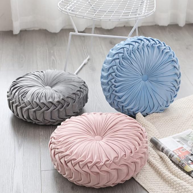 NatureMan 13.7 inch Round Sofa Cushion Pure Color Velvet Home Decor, Pleated Round Cushion, Pumpkin Pillow Suitable for Home Bed car Decoration (Pink)