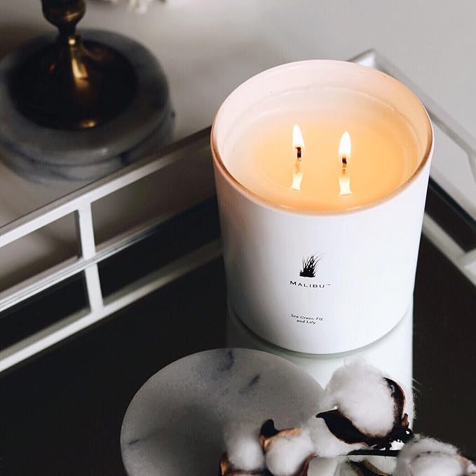 Archipelago Botanicals Malibu Luxe Candle, Sea Grass, White Fig and Lily Scent, Elegant White Glass Jar Candle, Coconut Wax, Double Wicks Burn 100 Hours (13 oz)