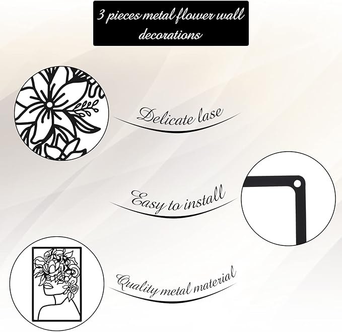 CHENGU 3 Pieces Metal Minimalist Abstract Woman Wall Art Line Drawing Wall Art Decor Single Line Female Home Hanging for Kitchen Bathroom Living Room
