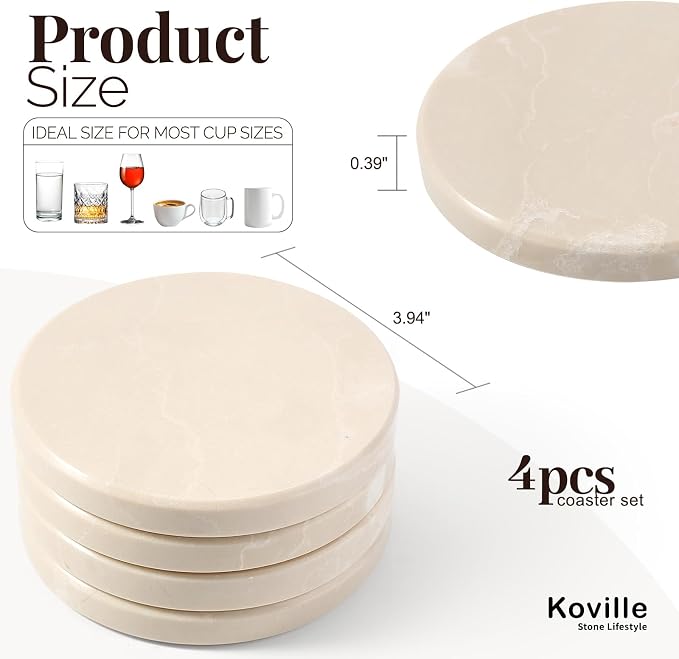 Koville Marble Coaster Set of 4, Round Coasters, 4" Stone Coaster for Drinks Coffee, Marble Coasters for Coffee Table Home Bar Decor, Heat Resistant, Gift Choice(Beige)