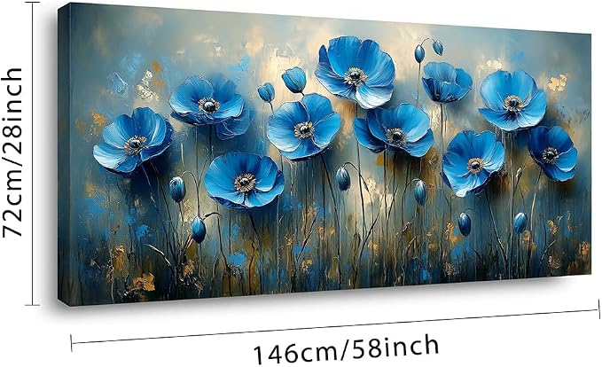 Ggaafet Navy Blue Flowers Wall Art for Living Room Canvas Oil Painting Prints Beautiful Floral Blooming Art Deco Pretty Artwork Office Bedroom Family Dining Room Decor Extra Large