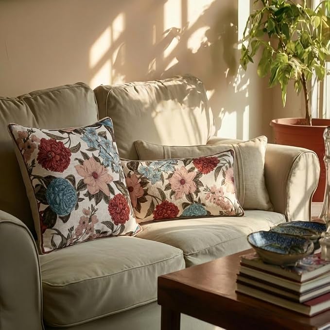 bilin gaier French Vintage Linen Throw Pillow Cover,28"x12"-Burgundyred | Designer Rectangular Pillow Cover,Concealed Zipper Design,Floral Pattern,Sofas,Bedroom,Living Room,Lounge Chairs