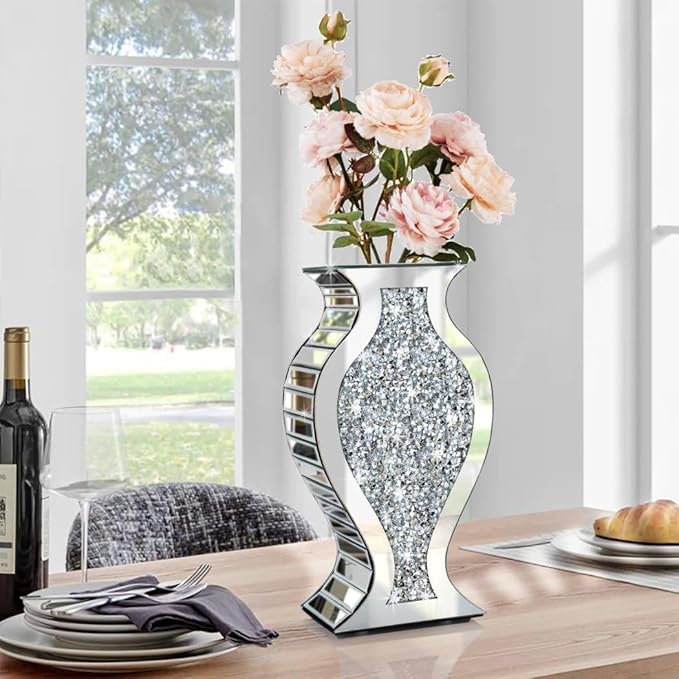 ALLARTONLY Crushed Diamond Mirror Vase Crystal Silver Glass Stunning Decorative Vase Flower Luxury for Home Décor. Can’t Hold Water.