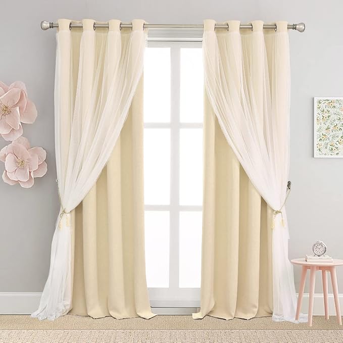 Beige Blackout Curtains with Sheer 54 Inches - Double Layered Short Blackout Curtains with Voile Sheer Drapes for Kids/Girls Bedroom Nursery Living Room, Biscotti Beige, 2 PCs