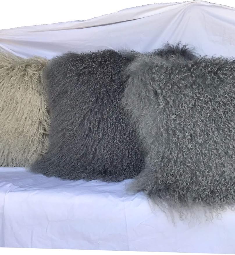 Real 100% Tibetan Mongolian Lamb Sheepskin Wool Fur Throw Pillow Covers Super Soft Plush Leather Accent Pillowcases Decorative Cushion Cover (Dark Gray, 18x18inch)