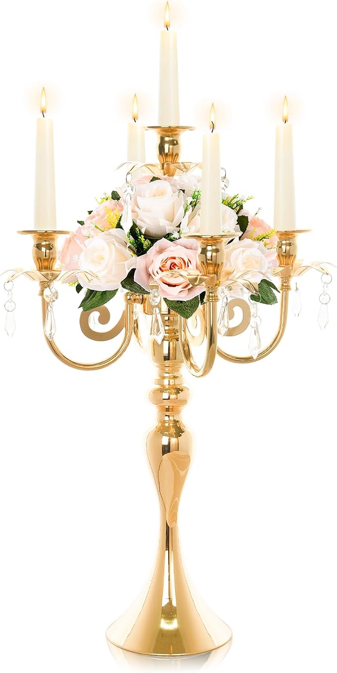 20.3'' Tall 5 Arm Gold Candelabra Centerpiece for Table, Metal &Crysyal Candle Holder, Retro Candelabra/Candlestick Table Centerpieces for Party, Events, Home, Wedding Decor (1pc, Gold)