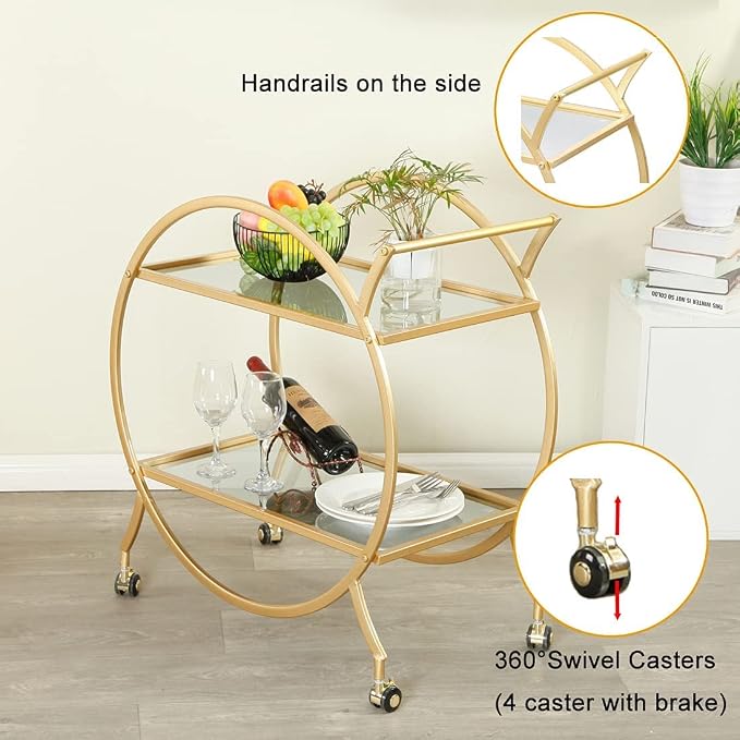Bar Cart with 2 Mirrored Shelves, Modern Metal Bar Serving Cart, Gold Round Bar Carts for The Home/Kitchen/Club/Living Room, Rolling Wheeled Design (28.34''14.96''30.7'')
