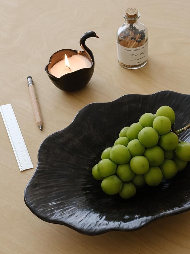 WENSHUO Stoneware Fruit Bowl for Kitchen Counter,Large Decorative Bowls for Home Decor,Handmade Perfect Centerpiece for Table, Island,or Counter,Ink Black Color Reactive Glaze 13.5" L × 10" W