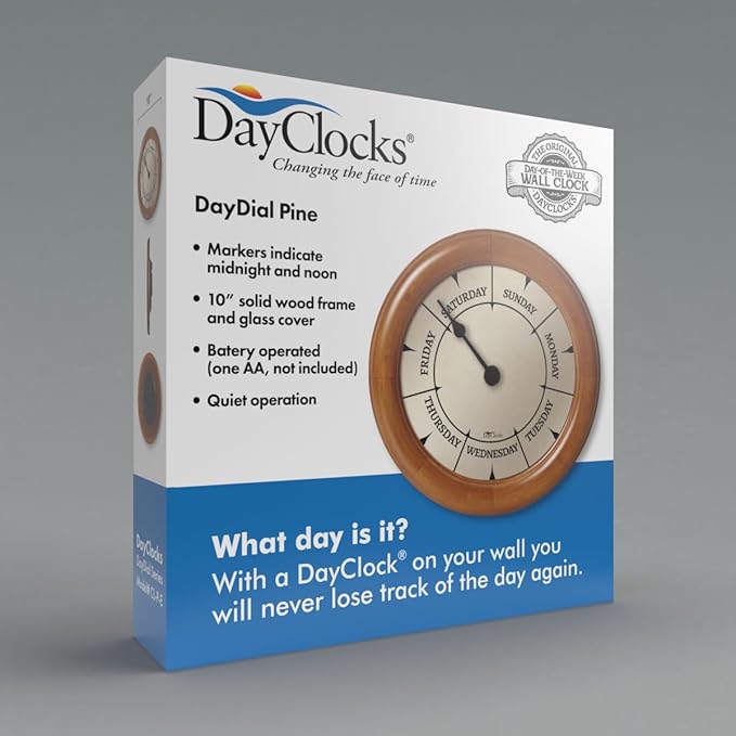 Classic Day of The Week Wall Clock - 10" Solid Pine Wood Frame, Ideal Retirement Gift for Men and Women, Day Clock for Seniors and Retirees