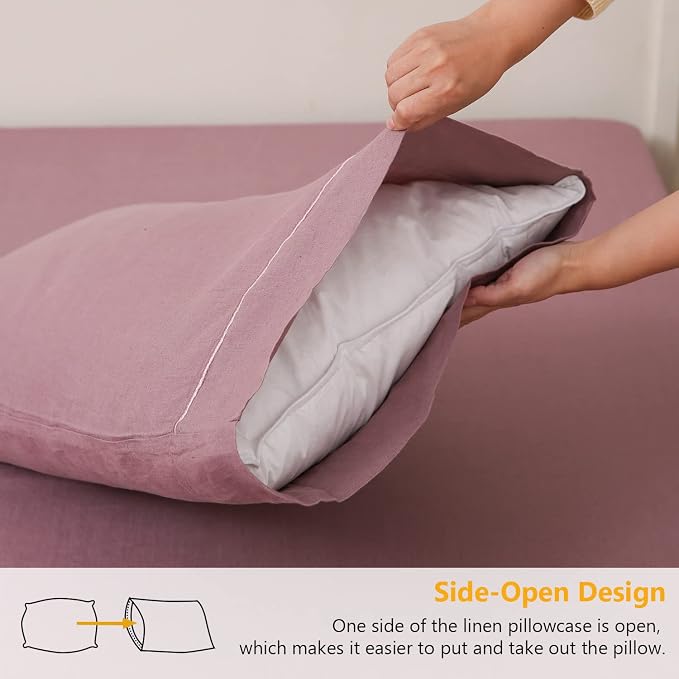 Simple&Opulence 100% French Linen Pillowcase King Size-Set of 2- Washed Solid Color Pillow Cases Embroidered -Soft and Durable (Purple, 20''x40'')