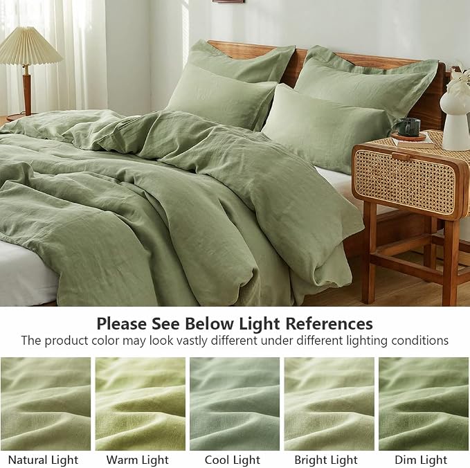 Simple&Opulence 100% Washed Linen Duvet Cover Set 5pcs(1 Duvet Cover& 2 Shams& 2 Pillowcases) Basic Style Natural French Flax Soft Breathable Farmhouse Bedding (Queen, Sage Green)