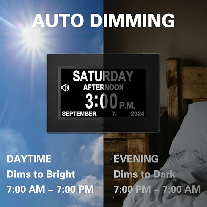 JALL 【2024 New Digital Calendar Dementia Day Clock, 7 Inch Large Screen Display, with Multiple Alarms, AM & PM Display, for Impaired Vision People, Age Seniors, for Desk, Wall Mounted