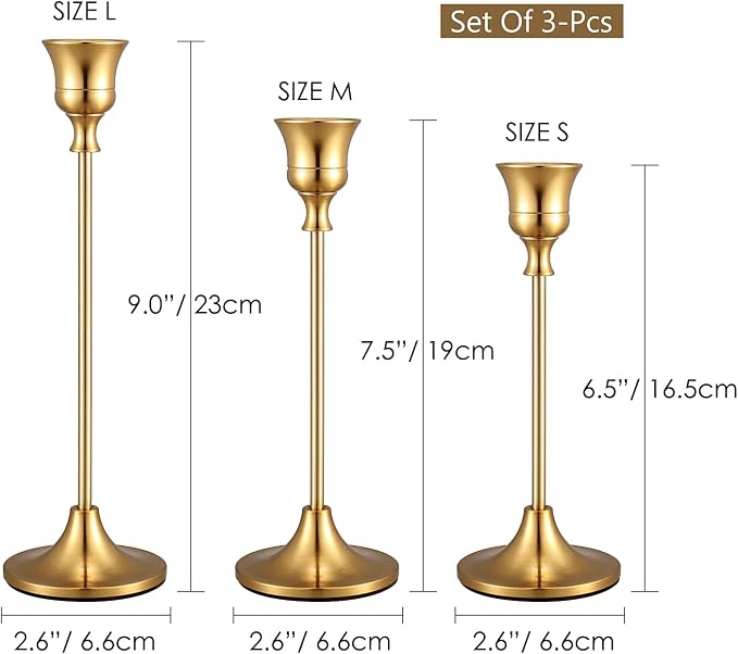 Gold Candlestick Holders Taper Candle Holder - Set of 3 Pcs Brass Gold Candle Stick Holder Centerpieces Decorations for Table, Mantel, Wedding, Dinning, Party(Candles not Include) | Aluminum Alloy, Brushed Plating, Rust Resistant, Non-Slip Base, 3 Size...