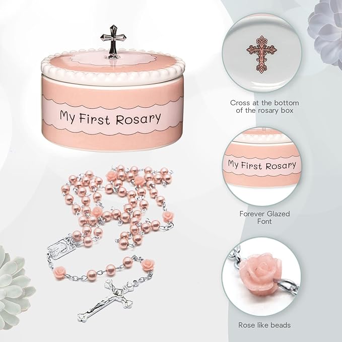 Baptism Gifts for Girl - My First Rosary with Keepsake Box, First Communion Gifts for Girls, Baptisms Gifts for Boys or Girls Christening. Pink Rosary, Ceramic Box and Gift Packaging