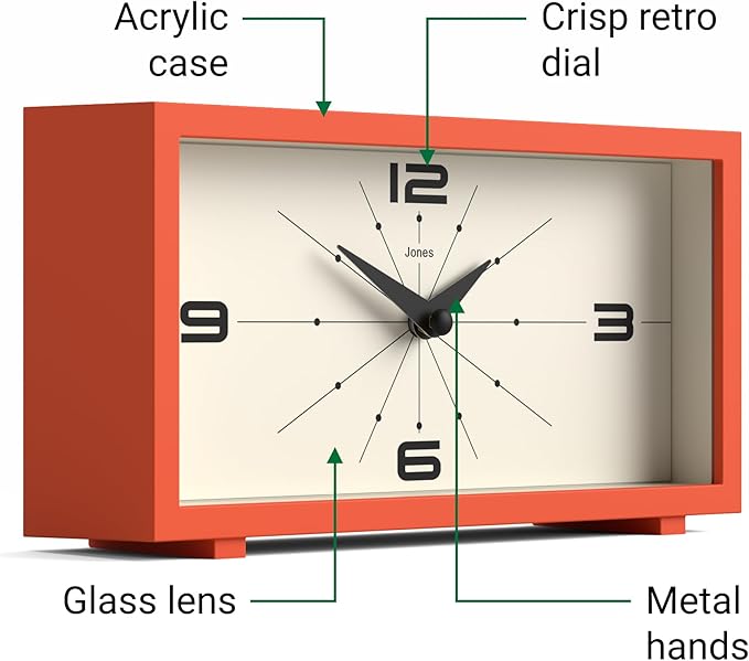 JONES CLOCKS® Odeon Desk Clock | Modern Rectangular Design | Orange | Stylish Retro Look for Shelf, Table, Mantel or Bedside
