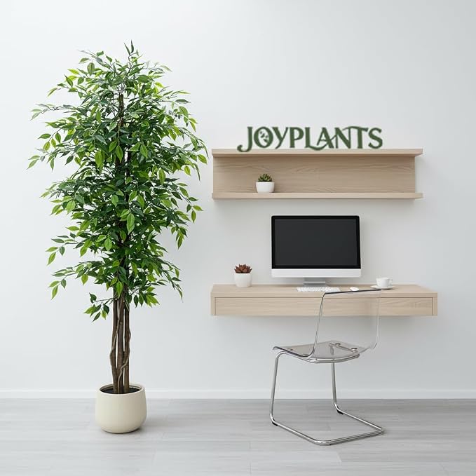 7ft Tall Artificial Ficus Tree in White Pot, Straight Trunk Fake Ficus Tree with Lush Green Leaves, Faux Potted Plant for Indoor Outdoor Home Office Living Room Patio Decor