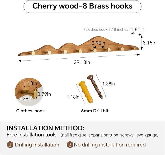Elegant Wall Coat Rack with Hooks Cherry Wood Solid Coat Hanger Wall Mount with 8 Brass Hooks, Moisture-Resistant Wax Oil Finish for Home (Cherry, 8 Hooks)