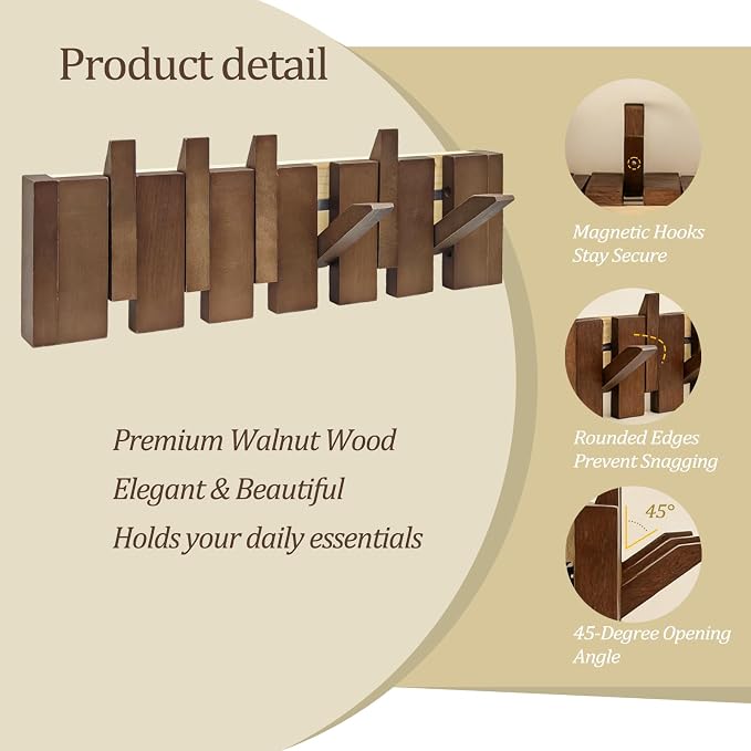 16.9" Wooden Piano Key Coat Rack Wall Mounted, 6 Hooks Natural Walnut Wall Coat Rack, Wall Mounted Coat Rack for Hanging Coats/Hats/Keys/Towels/Bags
