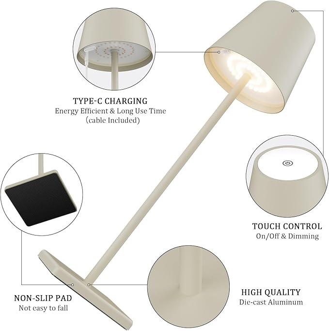 2-Pack LED Cordless Table Lamp, Rechargeable Battery Desk lamp 5000mAh Battery Operated Stepless Dimming Modern Portable Table Light for Restaurant/Bedroom/Outdoor IP54 Waterproof (Off White)