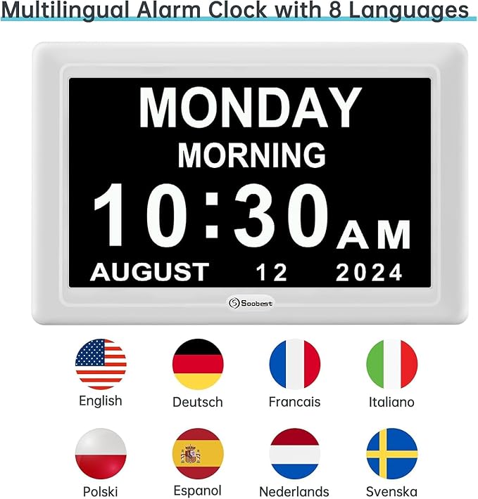 Soobest Dementia Digital Clock for Seniors Elderly, 20 Alarm Reminders 3 Ringtones for Memory Loss Alzheimers, Electric Time Date Day Large Display Calendar Clock, Auto DST, 1024 * 600P HD