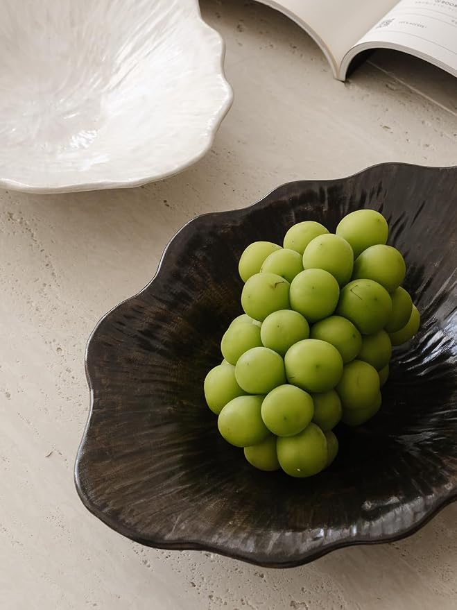 WENSHUO Stoneware Fruit Bowl for Kitchen Counter,Large Decorative Bowls for Home Decor,Handmade Perfect Centerpiece for Table, Island,or Counter,Ink Black Color Reactive Glaze 13.5" L × 10" W