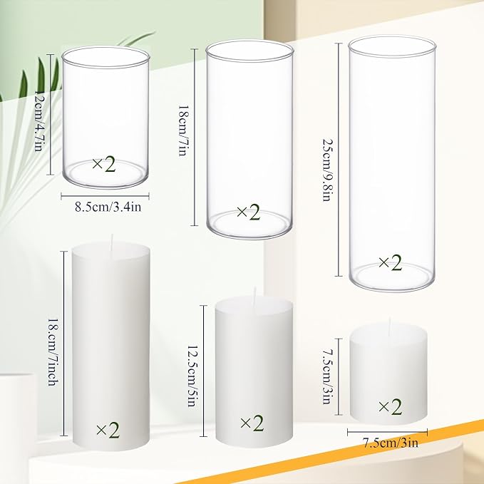 Shihanee Set of 6 Pillar Candles with Glass Cylinder Vases Clear Cylinder Hurricane Candleholders for Slim Tall Pillar Candles Wedding Table Centerpieces(3'' X 5.9", 7.9", 9.8",White)