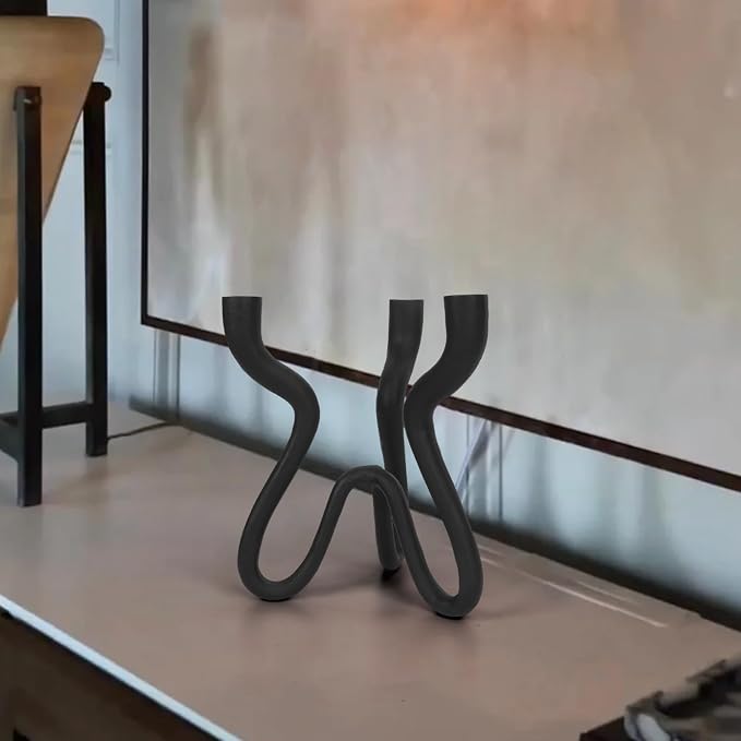 Triple Candle Holder Candelabra - Cast Iron Metal Taper Candlestick Stand with Matte Black Finish - Elegant Wedding Centerpiece for Home, Dining, Event Decor
