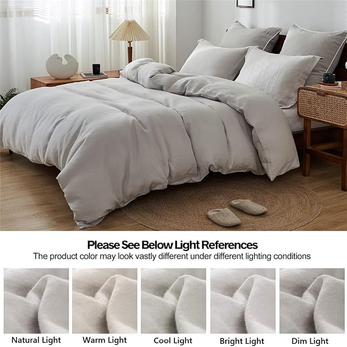 Simple&Opulence 100% Linen Duvet Cover Set 3pcs Basic Style Natural French Washed Flax Solid Color Soft Breathable Farmhouse Bedding with Button Closure - Light Grey, King