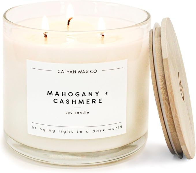 Calyan Wax Co. Mahogany & Cashmere 3 Wick Scented Candle - 43 Hour Burn - Luxury 3 Wick Soy Candles - Clean Soy Wax Candles - Long Lasting Large Glass Jar Candle for Home - 14.9oz