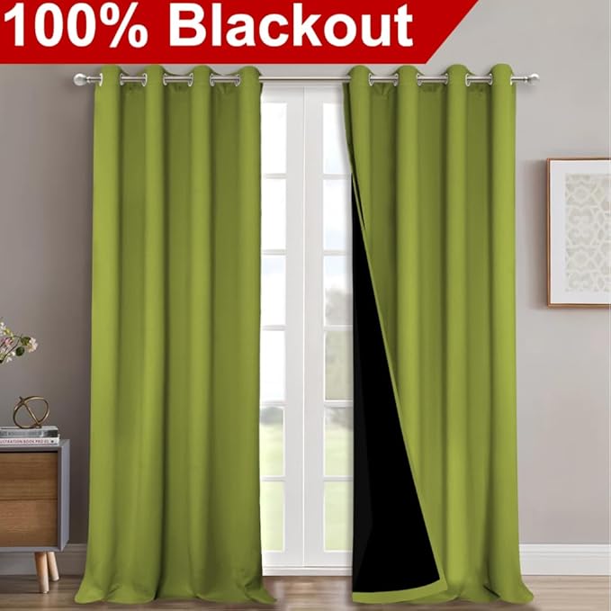 NICETOWN Full Shading Curtains 90" Long 2 Panels Set for Windows, Fresh Green, Pack of 2, 52" W, Super Heavy-Duty Black Lined Blackout Curtains for Bedroom, Privacy Assured Window Treatment