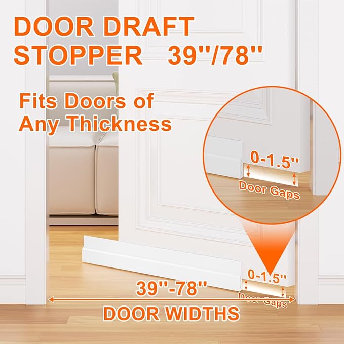 Door Draft Stopper for Bottom of Door, Adjustable Weather Stripping Door Seal for Cold Insulation, Under Door Sweep for Exterior & Interior Doors, Door Bottom Seal Blocker Noise (39inch,White)