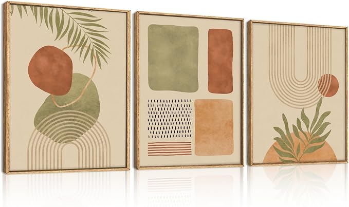 Boho Sage Green Framed Canvas Wall Art,Abstract Geometric Beige Wall Decor,Mid Century Modern Art Prints,Neutral Botanical Leaf Artwork for Living Room,Bedroom,Office -12"x16"x3