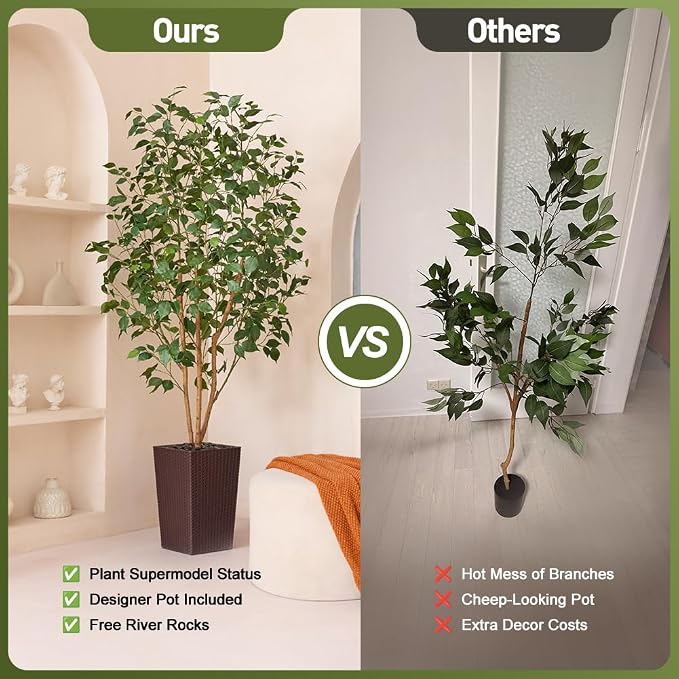 VeriNatural 6ft Artificial Ficus Tree,Tall Faux Tree with Silk Leaves & Real Wood Trunk,UV Resistant Potted Fake Plant with Pebbles & Planter-Indoor Outdoor Floor Plant for Home Living Room,VN129