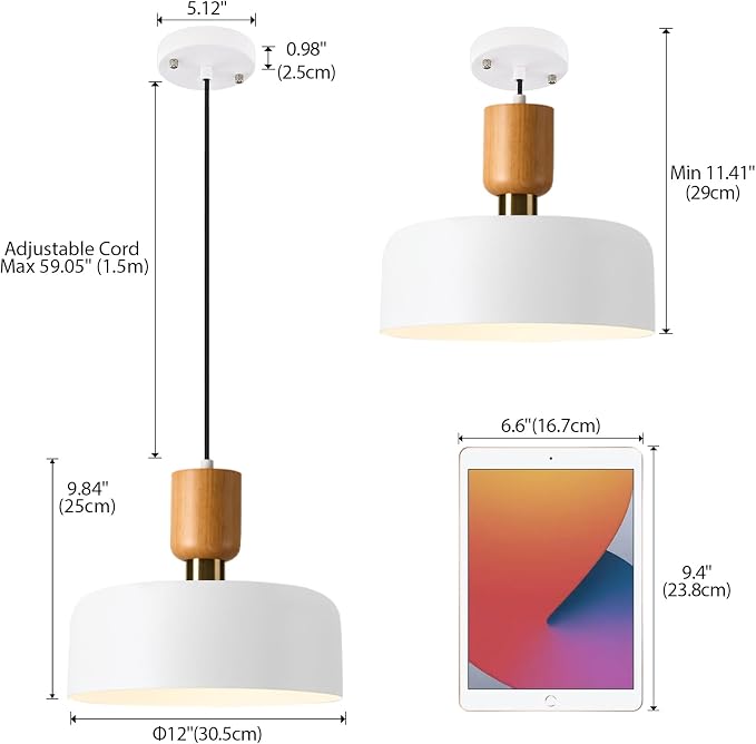 TeHenoo Modern Pendant Light, 12 inch, Matte White | Natural Wood and Brass Accent, Adjustable, For Kitchen Island, For Dining Room