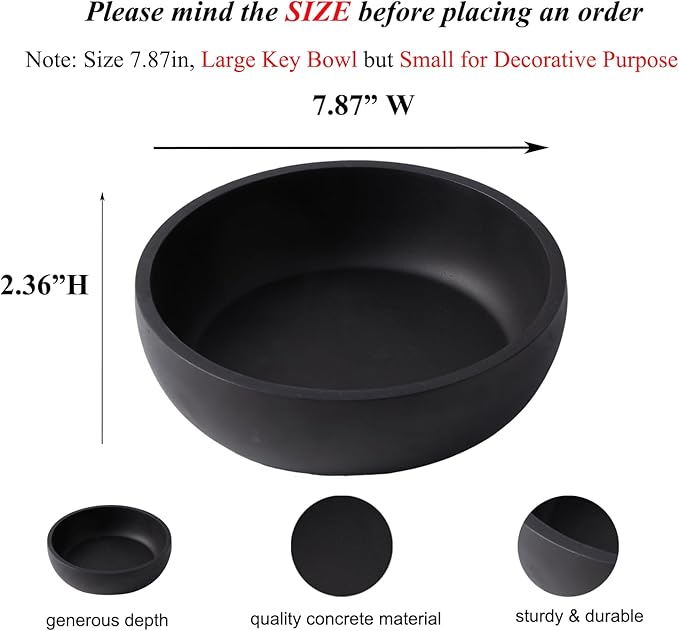 Aotea Crafts - 7.9" Large Concrete Key Bowl for Entryway Table Decor - Modern Industrial & Minimalist Decorative Key Holder Bowl for Keys- Charcoal Black- Smooth Texture - Sealed & Durable