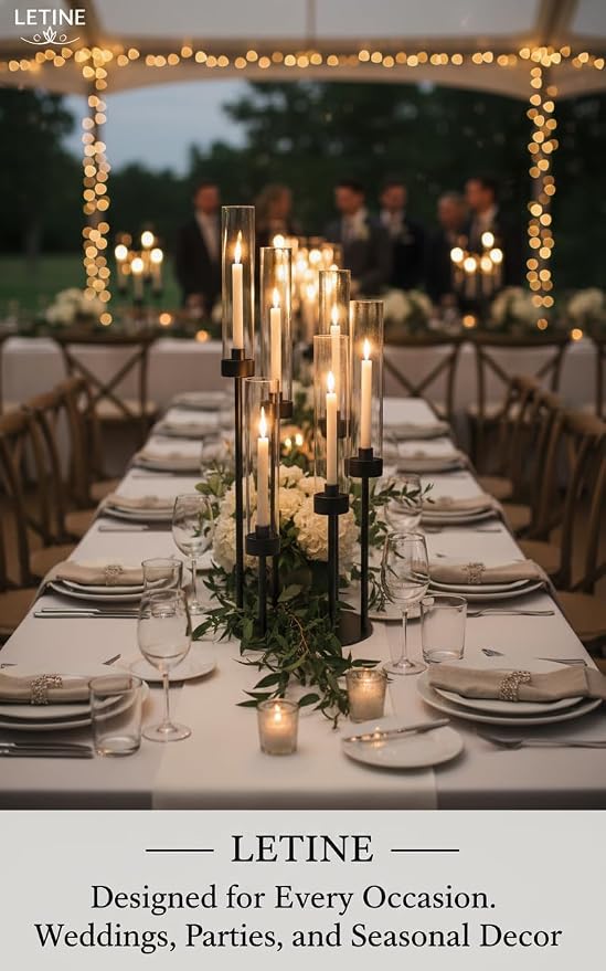 LETINE 6-Arm Black Candelabra, 23.96" Tall Candelabra Centerpieces for Tables with Glass Lampshade & Heavy Base, Vintage Tall Candle Stick Holder for Indoor Outdoor Wedding Party Decor.