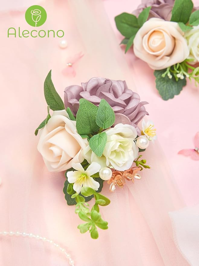 Alecono Boutonniere for Men, Set of 2 for Wedding Groom Groomsmen, Purple Artificial Flowers for Ceremony Anniversary Marriage Graduation Prom Dinner Party Homecoming