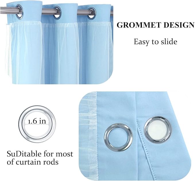 Light Blue Blackout Curtains 84 inch Length - Double Layers Blue Romantic Curtains with Sheer Overlay, Window Curtains & Drapes for Kids/Girls/Boys Bedroom Living Room Nursery, 2 PCs