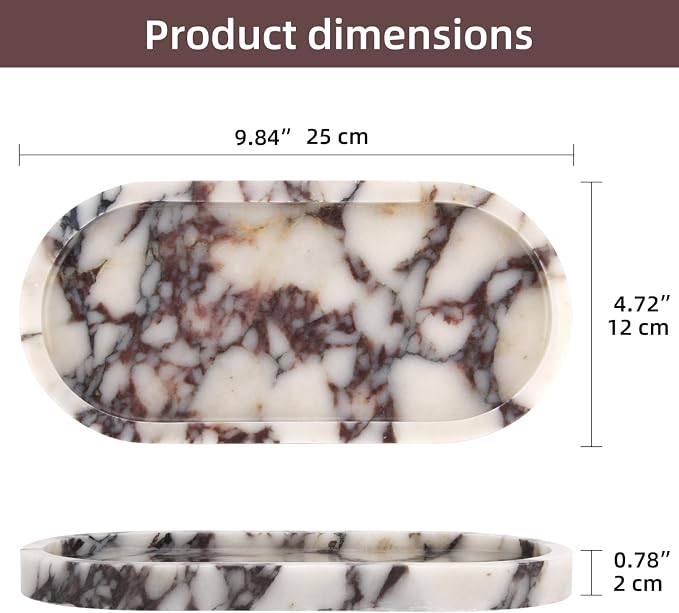 Natural Marble Tray Oval, Bathroom Vanity Tray for Countertop, Elegant Stone Decorative Organizer for Perfume, Jewelry, Home Decor (1, Calacatta Viola, 10 x 5 x 0.6)